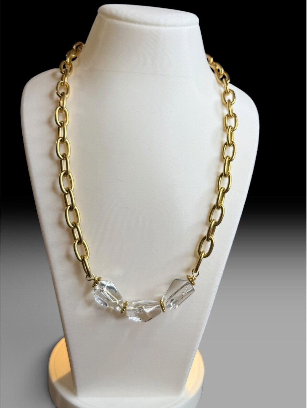 Chunky Gold Tone Chain Necklace Clear Lucite Geometric Beads Statement